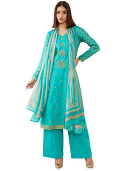 Soch - Teal Hand Embroidery Silk Unstitched Dress Material - 3 Meter Kurta Fabric