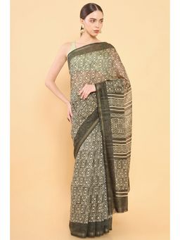 Soch - Women Olive Chanderi Printed Saree with Unstitched Blouse