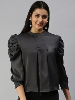 SHOWOFF - Women Crew Neck Puff Sleeves Solid Grey Top