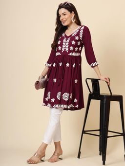 VAIRAGEE - Magenta Rayon Embroidered Work Kurti