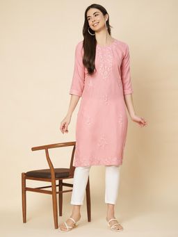 VAIRAGEE - Pink Cotton Embroidered Work Kurta