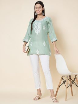 VAIRAGEE - Olive Cotton Embroidered Work Kurti