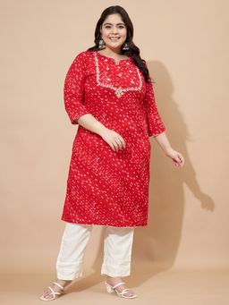 Vbuyz - Women Bandhani Print & Embroidered Straight Cotton Dark Pink Kurta