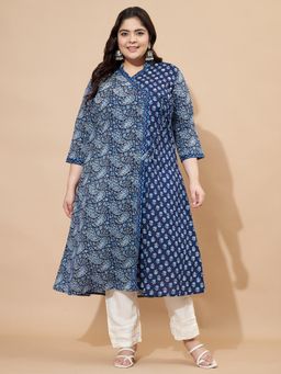 Vbuyz - Women Print and Hand Work A-Line Cotton Blue Kurta