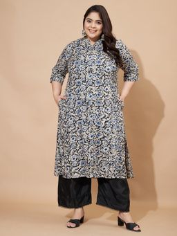 Vbuyz - Women Floral Print A-line Rayon Blue Stitched Kurta