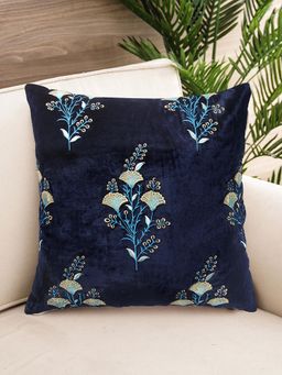 Nisrag Home - Navy Blue Floral Embroidered Square Cushion Cover (16x16 Inches)
