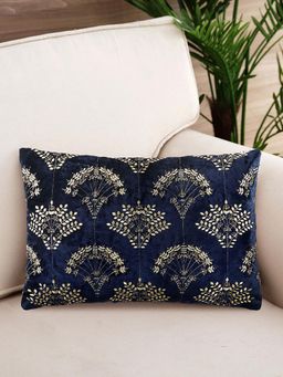Nisrag Home - Navy Blue Floral Guldasta Velvet Cushion Cover (12 x 15 Inches)