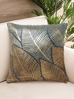 Nisrag Home - Blue Leaf Polyester Silk Durable Embellished Square Cushion Cover (16x16 Inches)