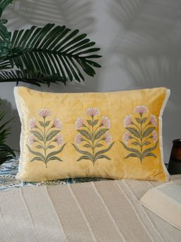 Nisrag Home - Yellow Floral Embroidered Velvet Rectangle Cushion Cover (12 x 15 Inches)