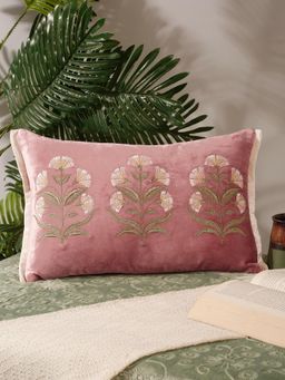Nisrag Home - Pink Floral Velvet Square Cushion Cover (12 x 15 Inches)