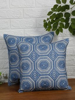 Nisrag Home - Blue Cotton Embroidered Square Cushion Cover (Pack Of 2) (16x16 Inches)