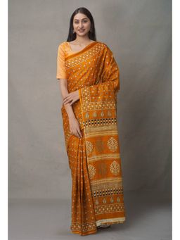 Unnati Silks - Orange Pure Block Printed Cotton Saree with Unstitched Blouse