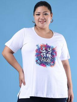 theRebelinme - Plus Size Women's White Printed Cotton T-Shirt