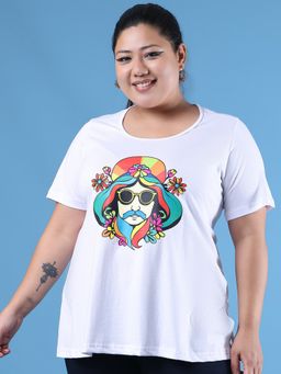theRebelinme - Plus Size Women's White Printed Cotton T-Shirt