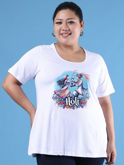 theRebelinme - Plus Size Women's White Printed Cotton T-Shirt