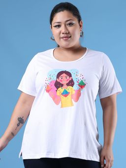 theRebelinme - Plus Size Women's White Printed Cotton T-Shirt