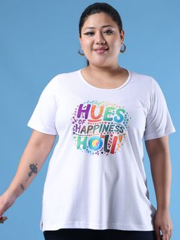 theRebelinme - Plus Size Women's White Printed Cotton T-Shirt