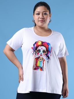 theRebelinme - Plus Size Women's White Printed Cotton T-Shirt