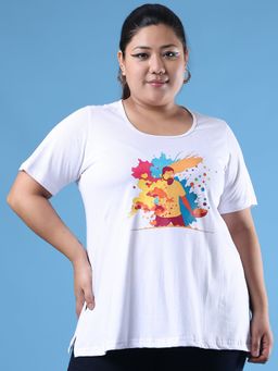 theRebelinme - Plus Size Women's White Printed Cotton T-Shirt
