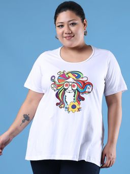 theRebelinme - Plus Size Women's White Printed Cotton T-Shirt