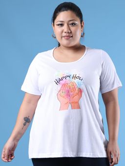 theRebelinme - Plus Size Women's White Printed Cotton T-Shirt