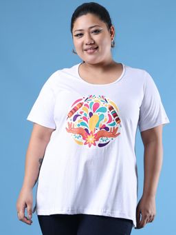 theRebelinme - Plus Size Women's White Printed Cotton T-Shirt