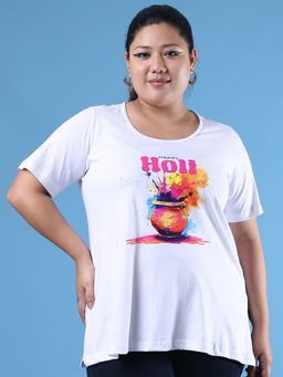 theRebelinme - Plus Size Women's White Printed Cotton T-Shirt