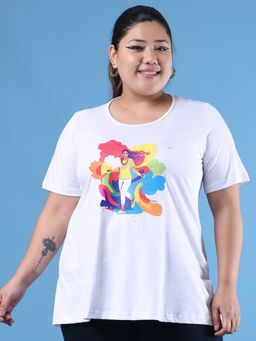 theRebelinme - Plus Size Women's White Printed Cotton T-Shirt