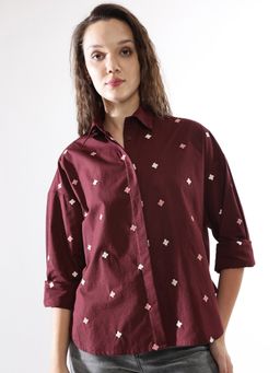 High Star - Women Wine Embroidered Oversized Spread Collar Long Sleeves Shirt
