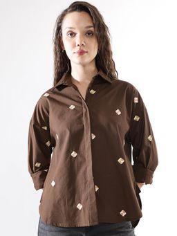 High Star - Women Brown Embroidered Oversized Spread Collar Long Sleeves Shirt