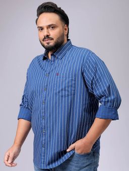 Hardsoda - By The Indian Garage Co Mens Blue Plus Size Striped Casual Shirt