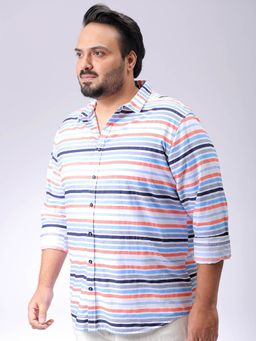 Hardsoda - By The Indian Garage Co Mens White Plus Size Horizontal Striped Casual Shirt