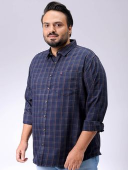 Hardsoda - By The Indian Garage Co Mens Navy Blue Plus Size Checkered Casual Shirt
