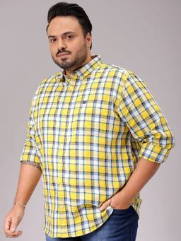 Hardsoda - By The Indian Garage Co Mens Yellow Plus Size Checkered Casual Shirt