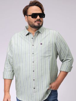 Hardsoda - By The Indian Garage Co Mens Green Plus Size Vertical Striped Casual Shirt