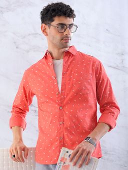 Hardsoda - By The Indian Garage Co Mens Orange Ditsy Print Spread Collar Casual Shirt
