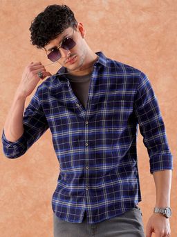 Hardsoda - By The Indian Garage Co Mens Navy Blue Slim Fit Checkered Spread Collar Casual Shirt