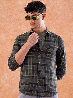 Hardsoda - By The Indian Garage Co Mens Green Slim Fit Checkered Casual Shirt