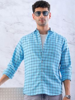 Hardsoda - By The Indian Garage Co Mens Blue Slim Fit Checkered Spread Collar Casual Shirt