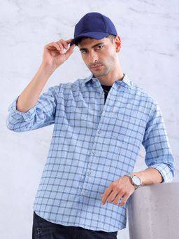 Hardsoda - By The Indian Garage Co Mens Blue Slim Fit Checkered Spread Collar Casual Shirt