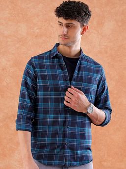Hardsoda - By The Indian Garage Co Mens Navy Blue Slim Fit Checkered Casual Shirt