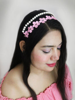 Soho Boho Studio - Pink Flower and White Pearl Double Hair Band