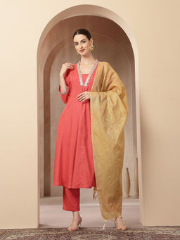 Zelena - Rayon Maternity Anarkali Pant and Dupatta - Coral Pink