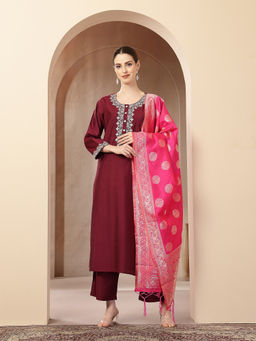 Zelena - Polyester Maternity Kurta Pant and Dupatta - Deep Plum