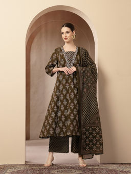 Zelena - Cotton Maternity Kurta Pant and Dupatta -Olive Green