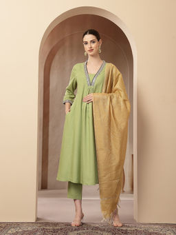Zelena - Rayon Maternity Anarkali Pant and Dupatta - Parrot Green