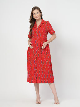 Zelena - Cotton Maternity Shirt Dress - Brick Red