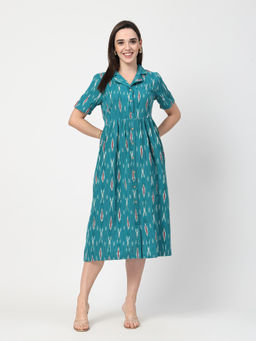 Zelena - Cotton Maternity Shirt Dress - Teal Blue