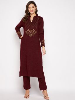 ZIGO - Womens Maroon Embroidered Full Sleeve Kurta Pants (Set of 2)