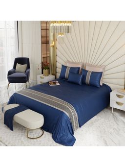 Stoa Paris - Navy Blue Sapphire King Bedsheet with 4 Pillow Covers & Cushion